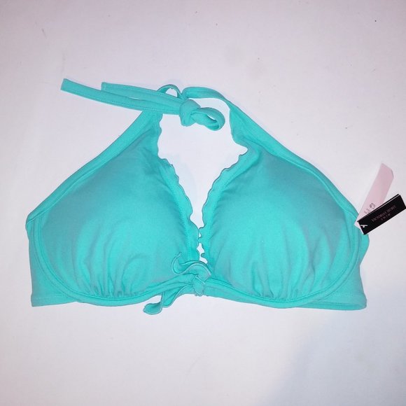 Victoria Secret Swim Bikini Top 40C Aqua Seafoam Glow Ruffle Trim Halter Removab - Picture 1 of 6